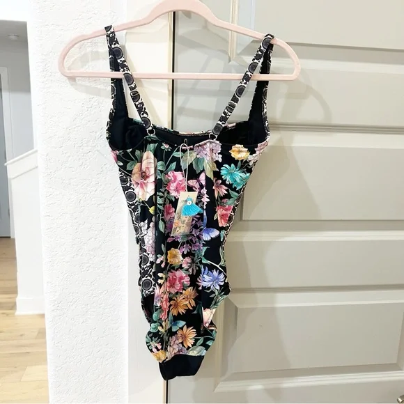 NWT Johnny Was Black Butterfly Floral Ruched One Piece Swimsuit - Picture 3 of 4